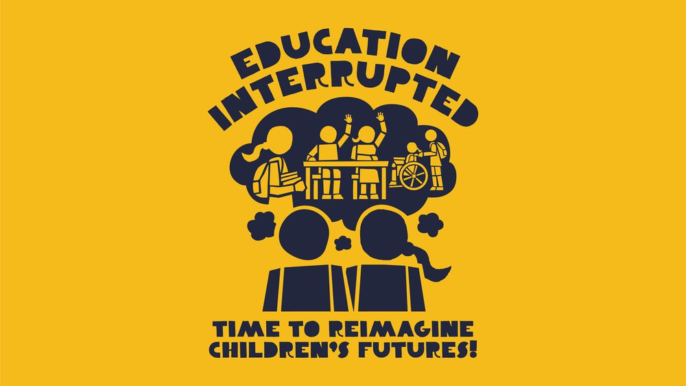Animation of two children thinking about other children learning with the strapline: Education interrupted - Time to reclaim children's futures!