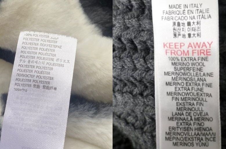 close up of two items of clothing. One has a label saying 100% polyester, the other has a label saying 100% wool