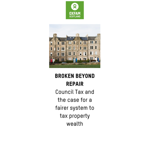 Oxfam Scotland green logo above an image of houses. Text reads: Broken Beyond Repair. Council Tax and the case for a fairer system to tax property wealth.