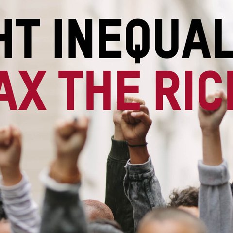 Fists raised at a protest. Text reads: 'Fight inequality. Tax the rich'