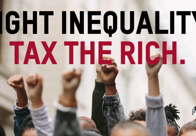 Fists raised at a protest. Text reads: 'Fight inequality. Tax the rich'