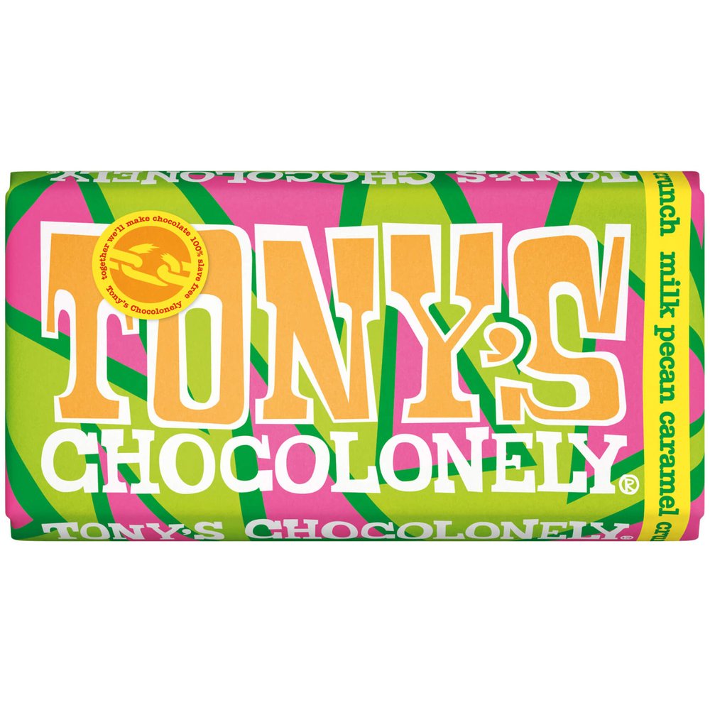 Pink yellow and green wrapper with text that reads "Tony’s Chocolonely Milk Chocolate Pecan Caramel Crunch"