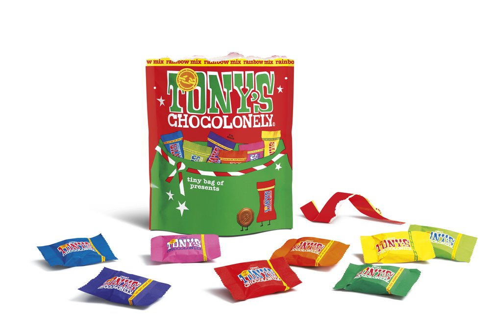 Open packet of Tony Chocolonely Mini Chocolates