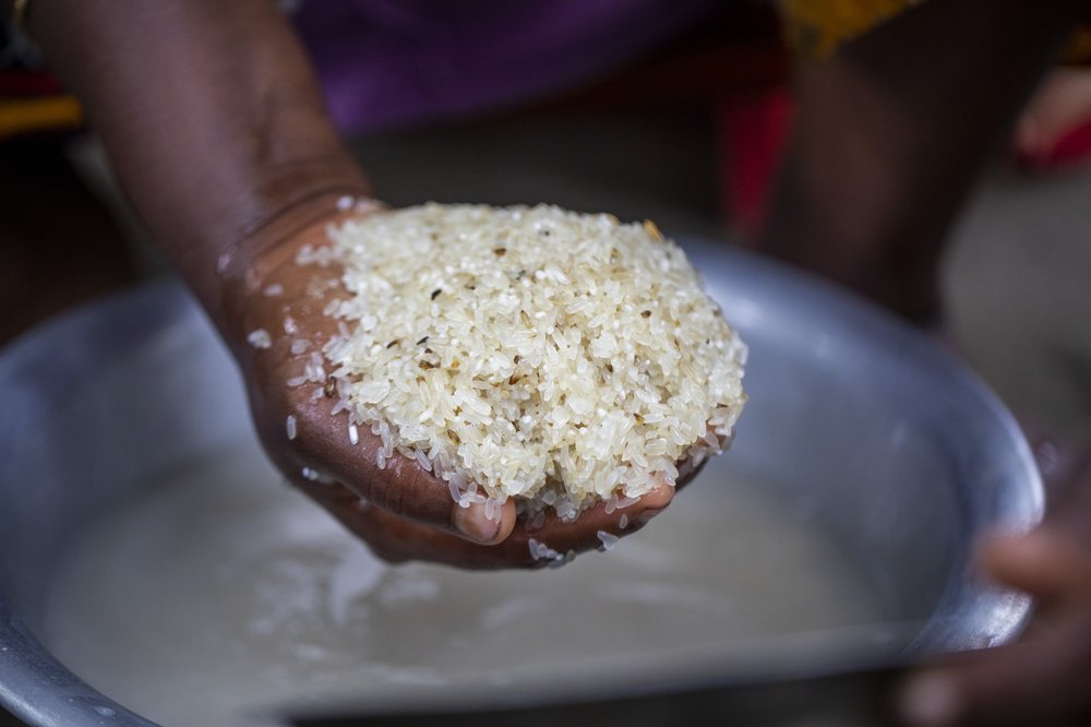 A woman's hand holding a mound of rice