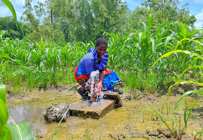 Women in brightly coloured clothes bending down and collecting water from a tap amid lush green vegetation in Malawi