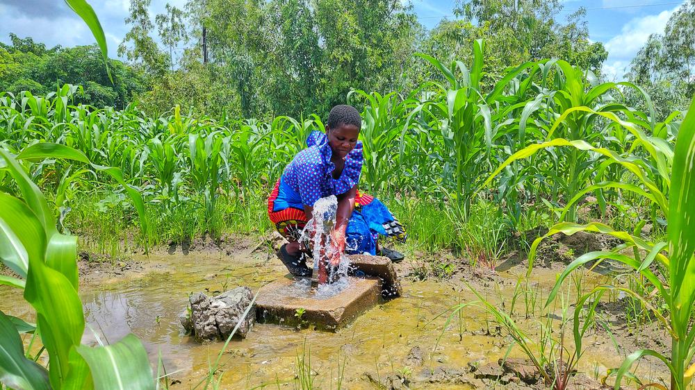 Women in brightly coloured clothes bending down and collecting water from a tap amid lush green vegetation in Malawi