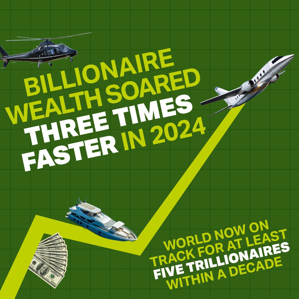 Graph with helicopers, private jets, super-yachts, and money showing that billionaire wealth soared by 3 times faster in 2024 and that the world is now on track for at least 5 trillionaires within a decade