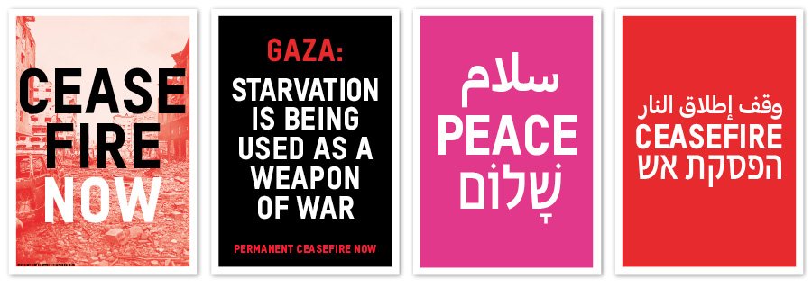 A collection of Ceasefire Now posters