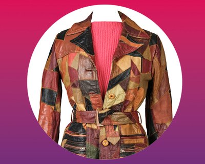 A colourful leather jacket and pink sweater form an eye-catching outfit for any occasion.