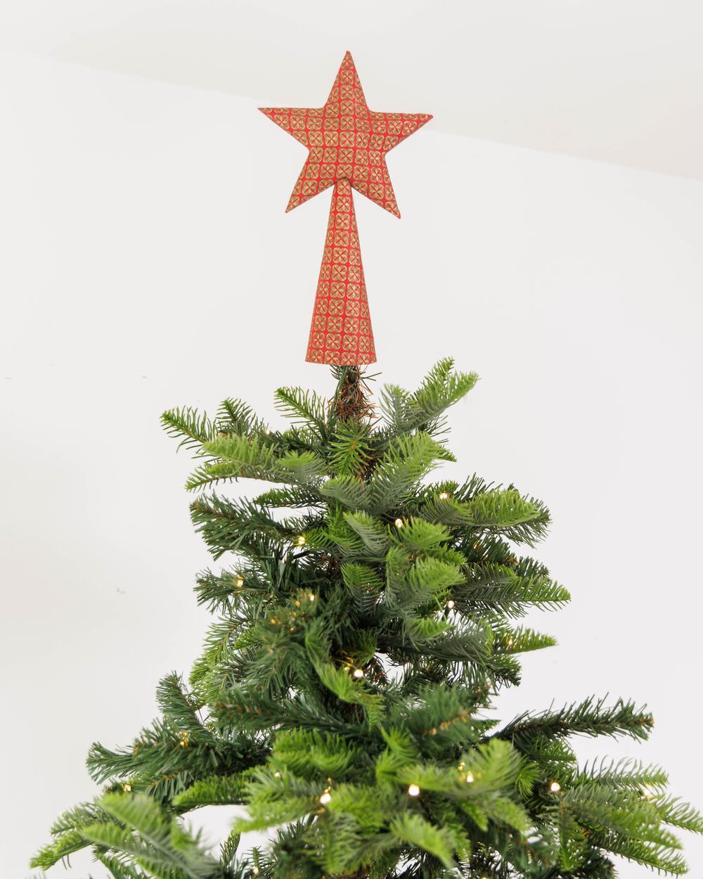 Red and gold patterned pointy star atop a Christmas tree.