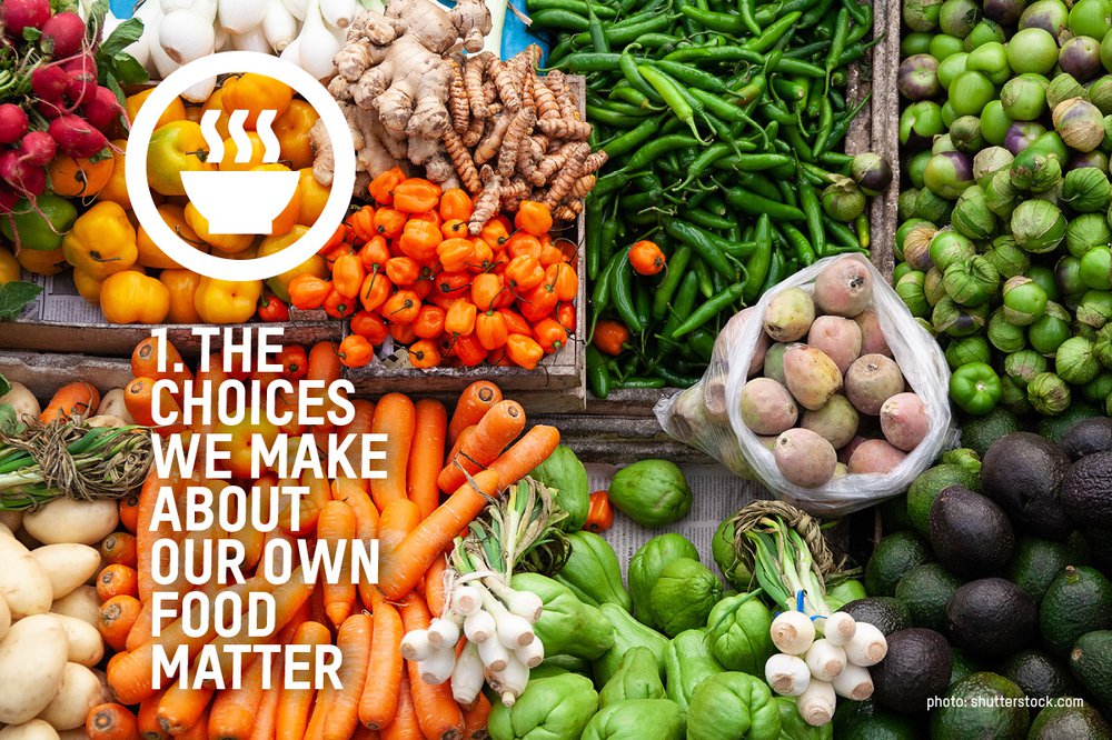 An image of carrots, and green beans and other fresh vegetables with the words 'the choices we make about our own food matter' over the image