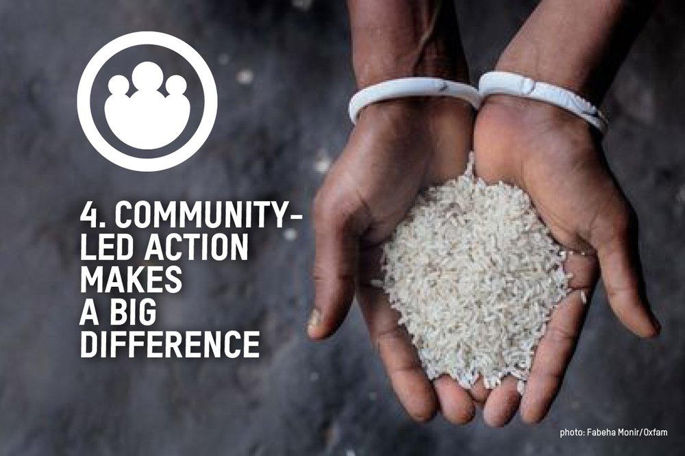 Hands holding rice with the text community-led action makes a big difference over the top