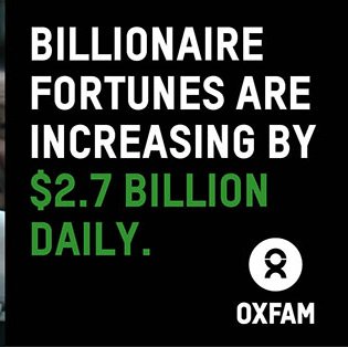 Hands holding champagne glasses. Text reads: 'Billionaire fortunes are increasing by $2.7 billion daily'