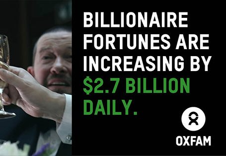 Hands holding champagne glasses. Text reads: 'Billionaire fortunes are increasing by $2.7 billion daily'