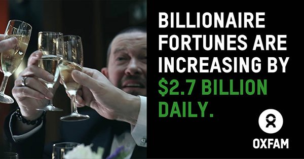 Hands holding champagne glasses. Text reads: 'Billionaire fortunes are increasing by $2.7 billion daily'