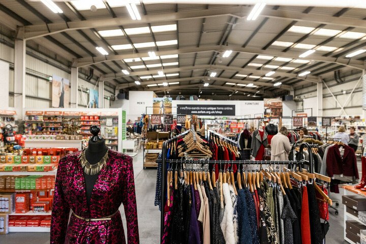 A festive shop display at the Oxfam superstore with clothing and accessories