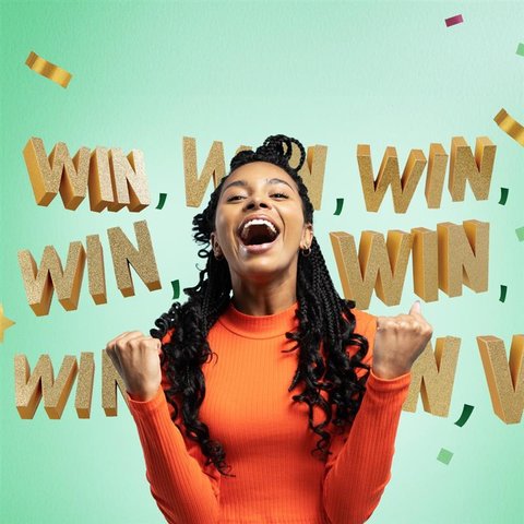 A joyful woman celebrates with her fists clenched in excitement. Behind her, the word "WIN" appears multiple times with scattered confetti.