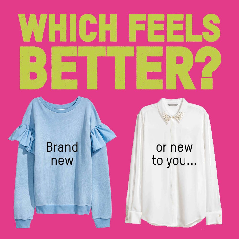 A graphic with two tops on it that asks what feels better, brand new or new to you?