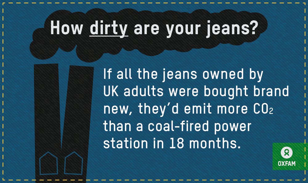 A graphic with a pair of jeans that look like part of a power plant and that stat 'if all the jeans owned by UK adults were bought brand new,  they'd emit more CO2 than a coal fired power plant does in a year.'