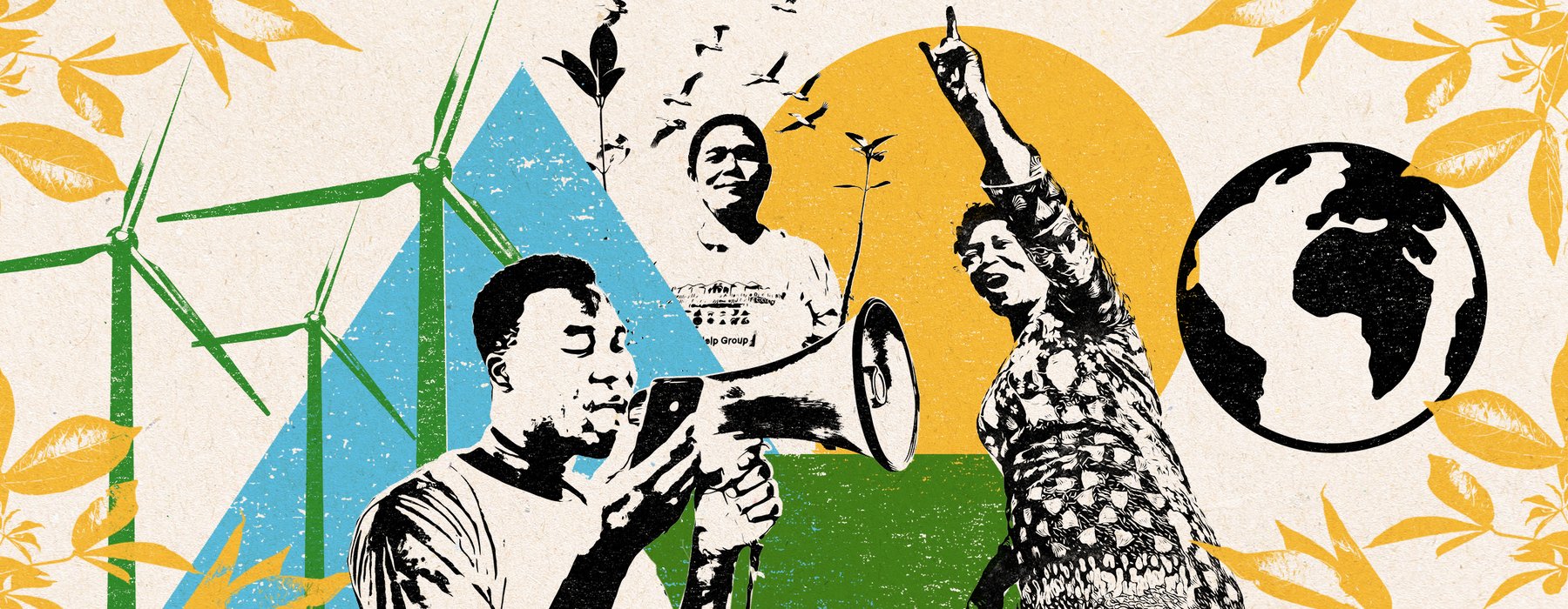 A collage featuring climate activists from around the world, Magdelene, Perk and Rowena.