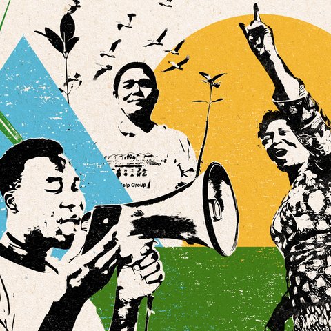 A collage featuring climate activists from around the world, Magdelene, Perk and Rowena.