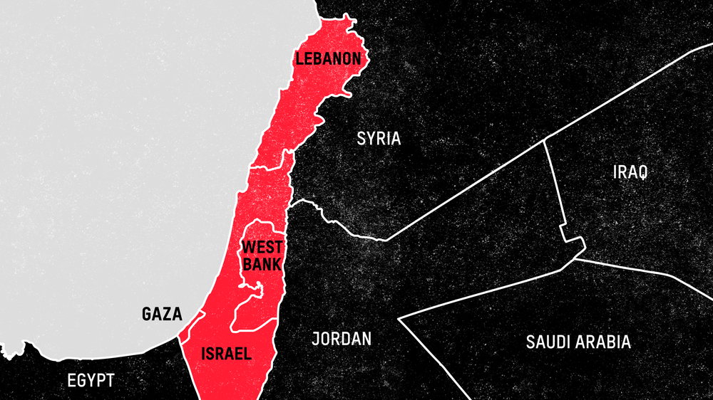 A map showing areas affected in Gaza and Lebanon