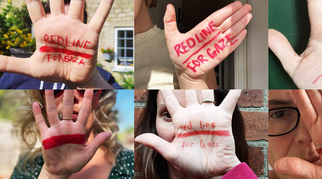 A collage of hands held up, each marked with a red line and messages reading 'Red Line for Gaza' in solidarity with Gaza.