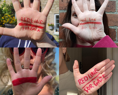 A collage of hands held up, each marked with a red line and messages reading 'Red Line for Gaza' in solidarity with Gaza.