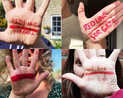 A montage of people with their hands towards the camera and a red line drawn on their palms.