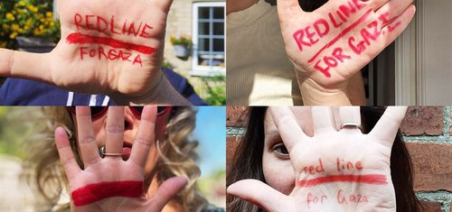A montage of people with their hands towards the camera and a red line drawn on their palms.