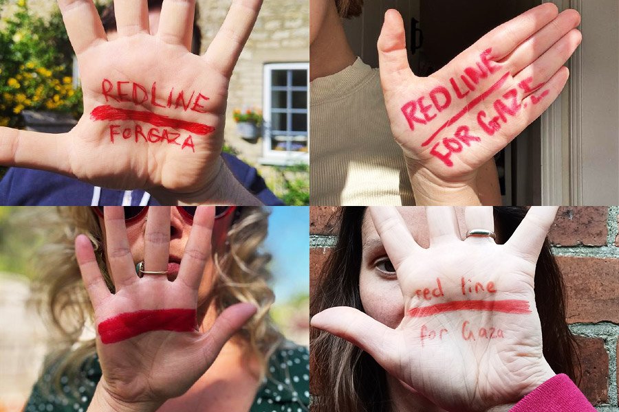 A montage of people with their hands towards the camera and a red line drawn on their palms.