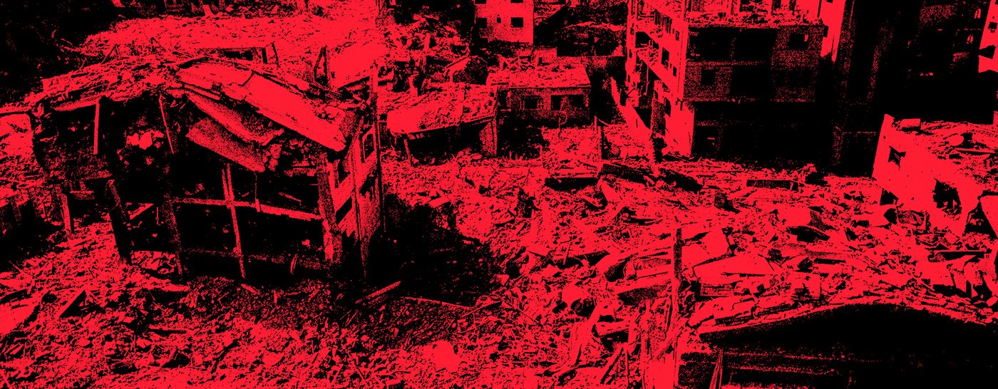 A red graphic of destroyed buildings in Gaza.