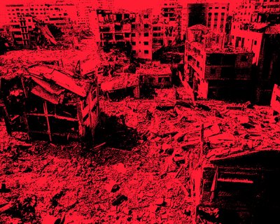 A red graphic of destroyed buildings in Gaza.