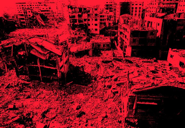 A red graphic of destroyed buildings in Gaza.