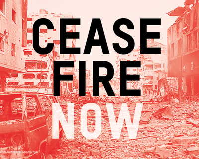 A completely bombed out street in Gaza. Text reads 'Ceasefire now'.