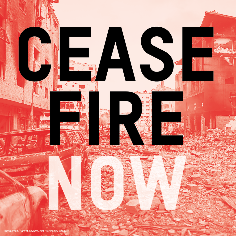 A graphic that says 'ceasefire now'