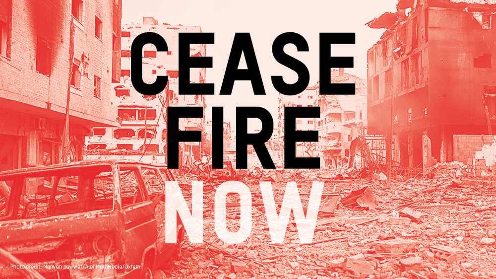 A completely bombed out street in Gaza. Text reads 'Ceasefire now'.