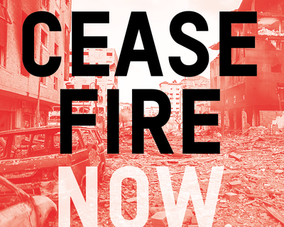 A graphic that says 'ceasefire now'