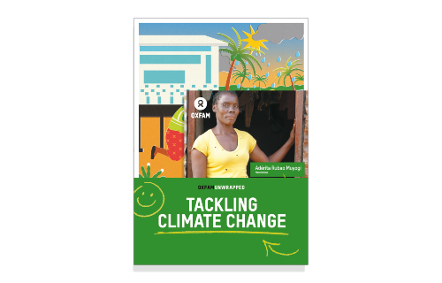 Cover of an Oxfam Unwrapped guide titled “Tackling Climate Change,” featuring a photograph of a person standing outdoors alongside illustrations of buildings, plants, and weather-related imagery representing climate resilience.