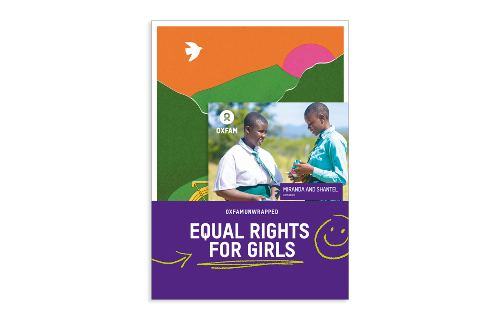 Oxfam Unwrapped “Equal Rights for Girls” gift card featuring two young people in school uniform, with illustrations of hills, a sunrise and a bicycle.