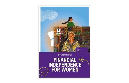 Oxfam Unwrapped “Financial Independence for Women” gift card featuring a small business owner in a shop, alongside illustrations symbolising entrepreneurship and opportunity.