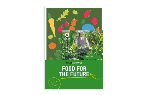 Oxfam Unwrapped “Food for the Future” gift card featuring a farmer harvesting vegetables, surrounded by illustrations of fruit, vegetables and crops.