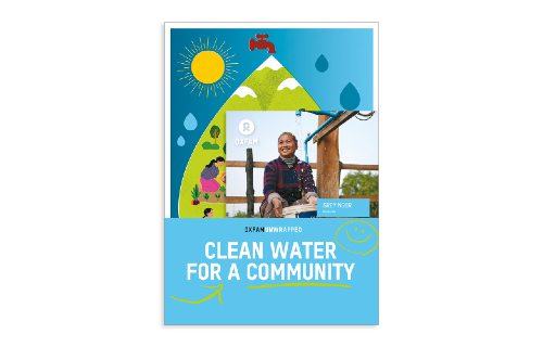 Oxfam Unwrapped “Clean Water for a Community” gift card featuring clean water access, with illustrated landscapes and a photograph of a community member at a water point.