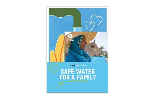 Oxfam Unwrapped “Safe Water for a Family” gift, showing a water-themed design and image promoting access to clean water.