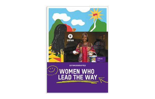 Oxfam Unwrapped “Women Who Lead the Way” gift card featuring a community leader holding supplies, alongside illustrations of a path, mountains and a guiding star.