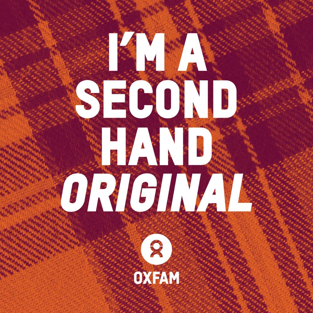 An orange and brown graphic featuring a tartan background that reads: “I’m a Second Hand Original', with the Oxfam logo underneath.