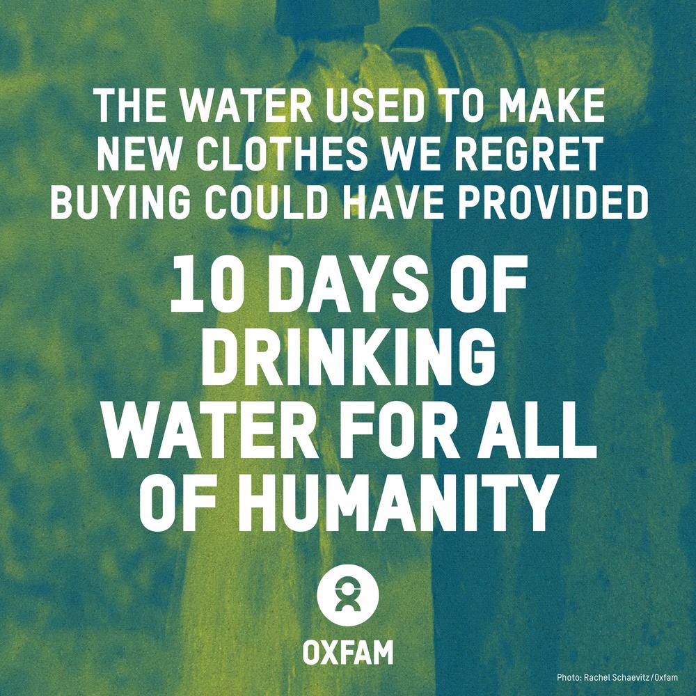 A water pump with a green sepia filter, with the text "The water used to make new clothes we regret buying could have provided 10 days of drinking water for all of humanity".