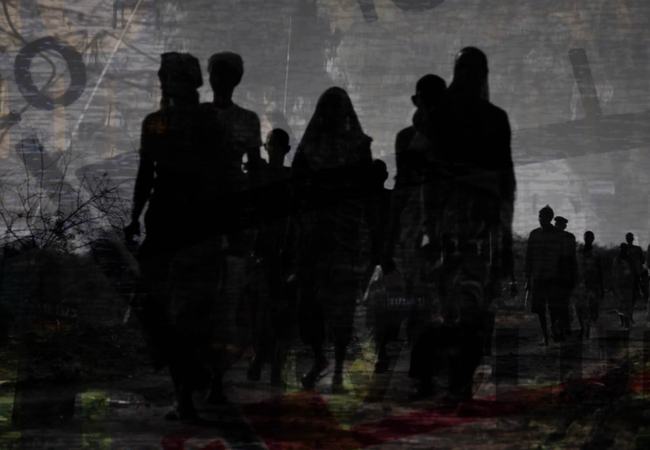 A grey image with the silhouettes of people who appear to be walking. In the background is dark imagery of what appears to be rope, a bush with no leaves, and fences giving the impression of conflict and the displacement of people.