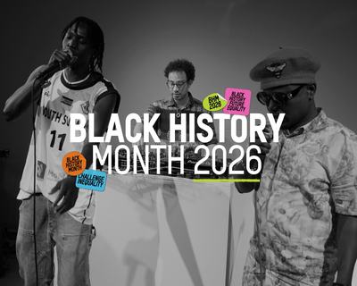 Black and white photograph three men performing a song. One is a DJ at his decks and two are stood in front holding microphones to their mouths. The text over the image reads Black History Month 2026