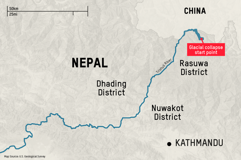 A map of Nepal showing where the glacial collapse occured in the north and the river flowing through the country where villages and towns were destroyed.